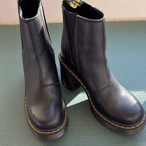 Dr. Martens Black Leather Platform Heeled Boots with Yellow Stitching